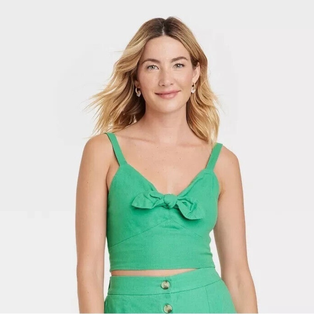 Universal Thread Women's Linen Tie-Front Cropped Tank Top Perfect Mint Green XXL